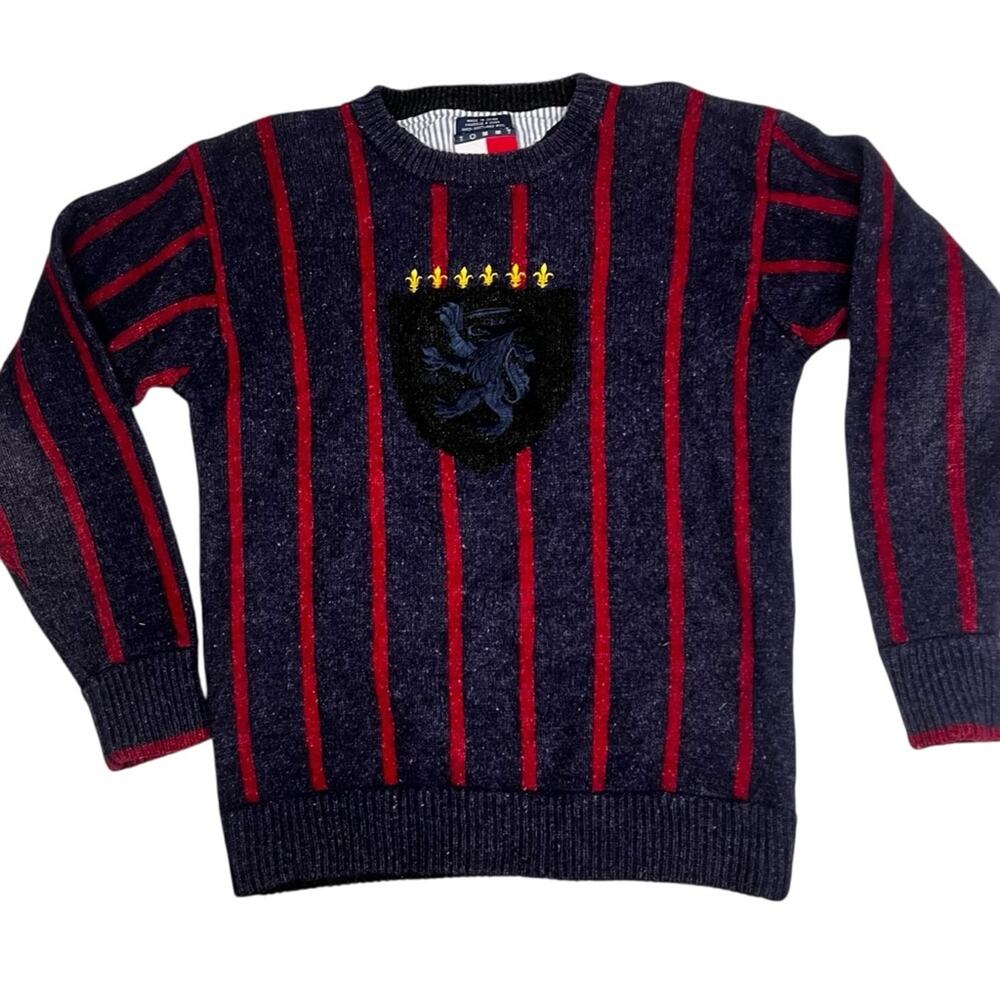 Vintage 90s Tommy Hilfiger Stripe Wool Sweater | Men’s M  | Preppy Lion Crest